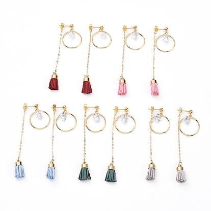 Dangle Stud Earrings, with Suede Cord Tassel, Cubic Zirconia Charms, 304 Stainless Steel Stud Earring Findings, Brass Cable Chains, Linking Rings and Ear Nuts