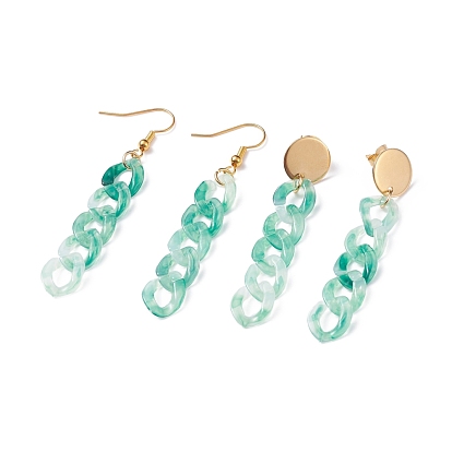 Chunky Acrylic Curb Chain Long Drop Earrings, 1Pair Stud & 1Pair Dangle Earrings, Brass Jewelry for Women