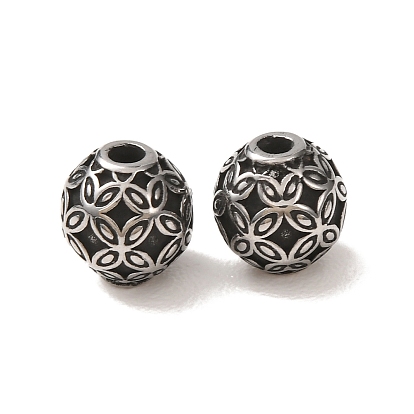 304 Stainless Steel Beads, Round with Flower Pattern