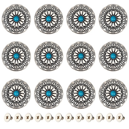 12 наборы заклепок из сплава и имитации бирюзы, с железной фурнитурой, плоские круглые с цветочным узором, для поделок багажа и аппаратных принадлежностей