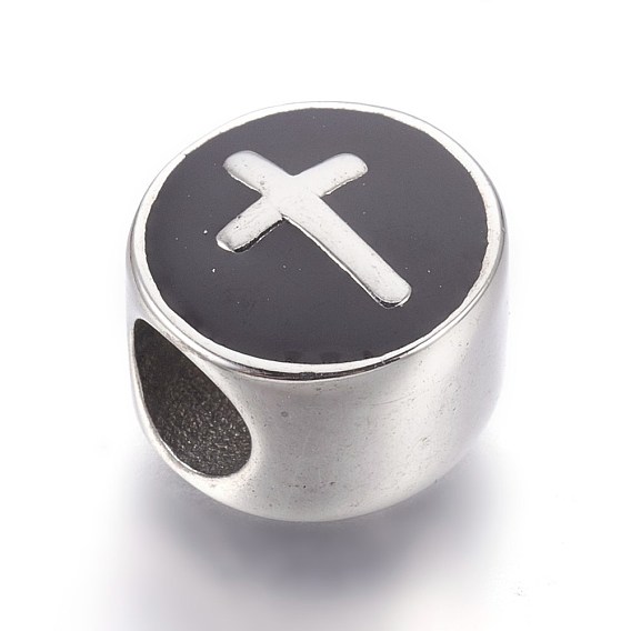 304 Stainless Steel European Beads, with Enamel, Large Hole Beads, Flat Round with Cross