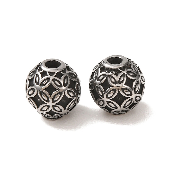 304 Stainless Steel Beads, Round with Flower Pattern