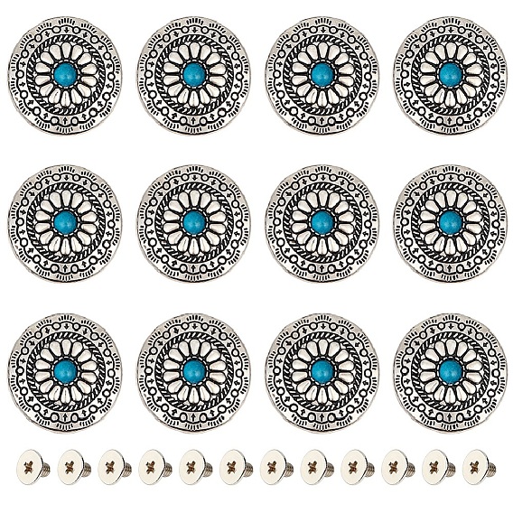 12 наборы заклепок из сплава и имитации бирюзы, с железной фурнитурой, плоские круглые с цветочным узором, для поделок багажа и аппаратных принадлежностей