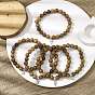 Natural Wood Round Beaded Stretch Bracelet with 304 Stainless Steel Charms