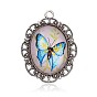 Antique Silver Plated Alloy Glass Pendants, Oval with Butterfly Pattern, 60x44x9mm, Hole: 4mm