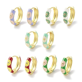 Real 18K Gold Plated Brass Enamel Flower Print Hoop Earrings for Women