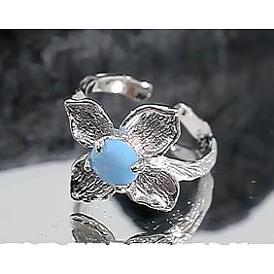 925 Sterling Silver Open Rings, Irregular Flower Design Inlaid with Blue Stone Adjustable Rings for Women