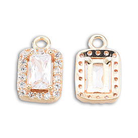 Brass Micro Pave Cubic Zirconia Charms, with K9 Glass, Cadmium Free & Lead Free, Faceted, Rectangle, Light Gold
