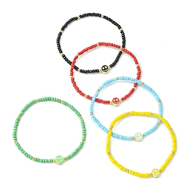 5Pcs 5 Colors Glass Seed Beads Beaded Stretch Bracelets Sets, Smiling Face Beads Bracelets for Women