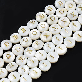 Perles de coquillages naturels d'eau douce, avec émail doré, trou horizontal, rond et plat avec alphabet, couleur de coquillage