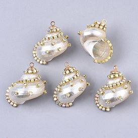 Natural Conch Shell Pendants, with Brass Rhinestone Cup Chains and Iron Loops, Golden