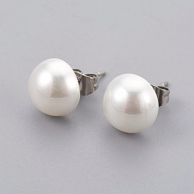 Boucles d'oreilles perles de nacre, avec 304 accessoires en acier inoxydable, plat rond
