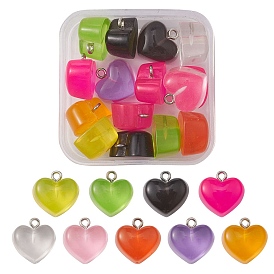 15Pcs Transparent Resin Pendants, Heart Charms with Platinum Tone Iron Loops