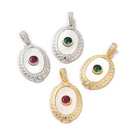 Brass Pave Cubic Zirconia Pendants, Oval Charms with Natural Shell