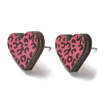 Printing Wood Stud Earrings for Women, with 316 Stainless Steel Pins, Heart with Leopard Print