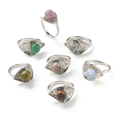 Adjustable Gemstone Cuff Rings, Open Rings, with Platinum Tone Brass Findings, Leaf