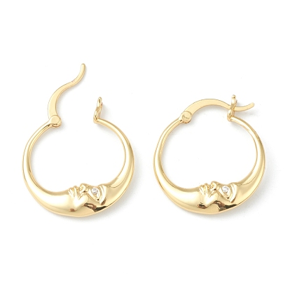 Brass Micro Pave Clear Cubic Zirconia Hoop Earrings, Crescent Moon Earrings