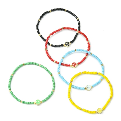 5Pcs 5 Colors Glass Seed Beads Beaded Stretch Bracelets Sets, Smiling Face Beads Bracelets for Women
