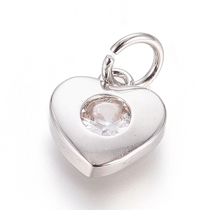 Brass Micro Pave Cubic Zirconia Pendants, with Jump Ring, Long-Lasting Plated, Heart