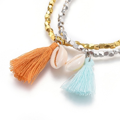 Brass Beads Stretch Bracelets, with Cotton Thread Tassel Pendant and Cowrie Shell