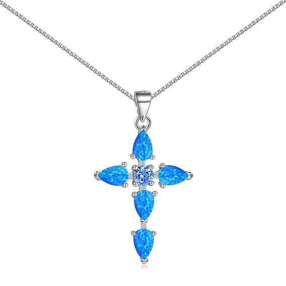 Cross Rhodium Plated 925 Sterling Silver Pendant Necklaces, with Synthetic Opal