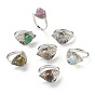 Adjustable Gemstone Cuff Rings, Open Rings, with Platinum Tone Brass Findings, Leaf