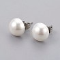 Shell Pearl Beads Ear Studs, with 304 Stainless Steel Findings, Flat Round