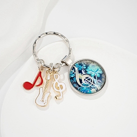 Musical Note Time Cabochon Glass Half Round Keychain with Guitar Charm, for Woman Man Car Bag Pendant Decoration