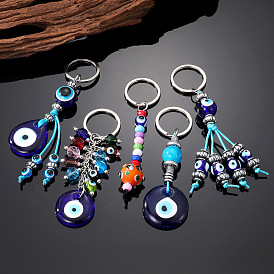 Tribal Ethnic Wind Retro Pendant Glass Blue Eyes Alloy Keychain Tassel Bead String Ornament