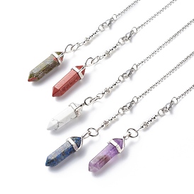 Natural Mixed Gemstone Pointed Dowsing Pendulums, with Stainless Steel Color Plated 304 Stainless Steel Findings and Synthetic Hematite Beads, Faceted Bullet Charm