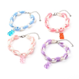 Bracelets à breloques ours en résine, avec chaînes porte-câbles en acrylique et fermoirs pinces de homard en alliage, platine