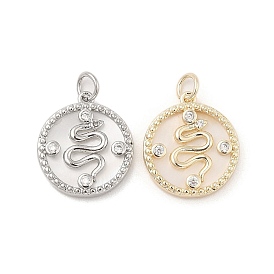 Brass Micro Pave Clear Cubic Zirconia Pendants, with Natural White Shell and Jump Ring, Flat Round with Snake