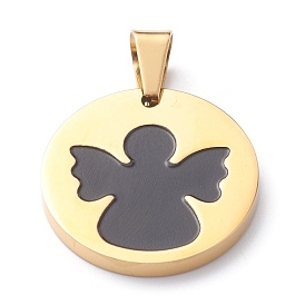 304 Stainless Steel Pendants, with Enamel, Polishing, Flat Round with Angel