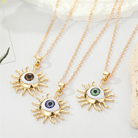 Bold Metal Sun Eye Necklace with Devil Pendant and Lock Chain
