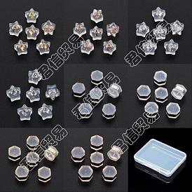CHGCRAFT 64Pcs 8 Styles Silicone Ear Nuts, Earring Backs, with Brass Findings, Star & Hexagon, Clear
