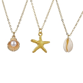 3Pcs Ocean Theme Natural Cowrie Shell & Alloy Starfish Pendants Necklaces, Real 18K Gold Plated Brass Cable Chains Necklaces for Women