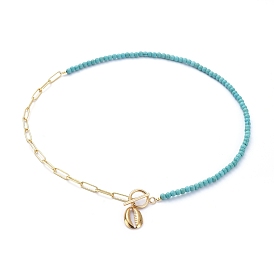 Pendant Necklaces, with Synthetic Turquoise Beads, Brass Paperclip Chains, 304 Stainless Steel Pendants and Toggle Clasps, Cowrie Shell Shape