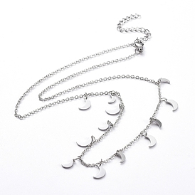304 Stainless Steel Pendant Bib Necklaces, with Cable Chains and Lobster Claw Clasps, Moon