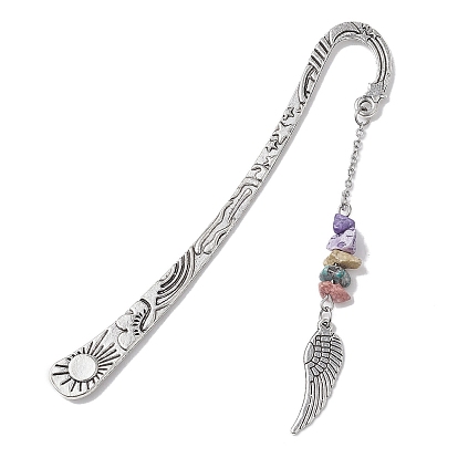Marque-page pendentif en pierres précieuses naturelles et copeaux de verre avec aile en alliage, crochet signet