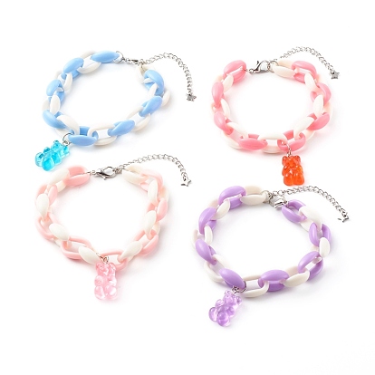 Resin Bear Charm Bracelets, with Acrylic Cable Chains and Alloy Lobster Claw Clasps, Platinum