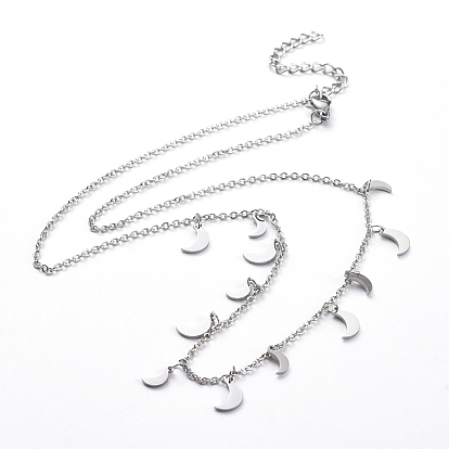 304 Stainless Steel Pendant Bib Necklaces, with Cable Chains and Lobster Claw Clasps, Moon