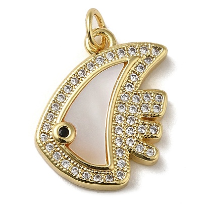 Brass Micro Pave Cubic Zirconia Pendants, Cadmium Free & Lead Free, with Shell, Fish