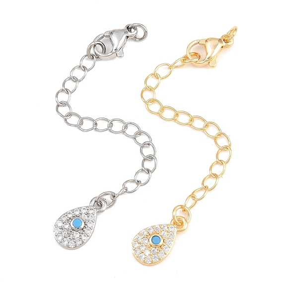 Brass Curb Chain Extender, End Chains with Lobster Claw Clasps and Cubic Zirconia Charms, Teardrop
