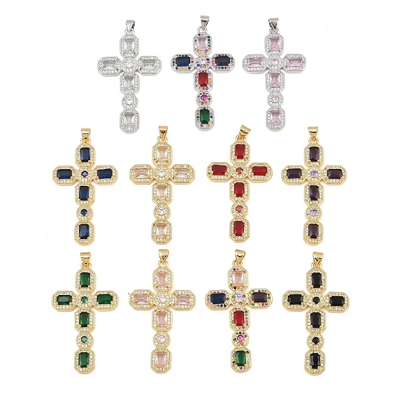 Brass Micro Pave Cubic Zirconia Pendants, Octagon Shaped Cross Charms, Cadmium Free & Lead Free