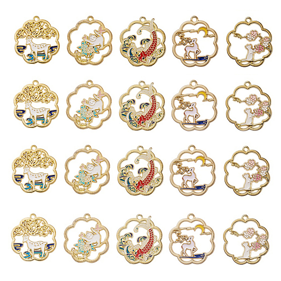 Золотили эмали сплава подвески, форма цветка с рисунком белой кошки и оленя