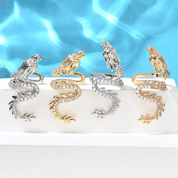 Серьги-каффы из латуни с прозрачным кубическим цирконием, дракон