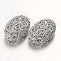 Hollow Brass Micro Pave Cubic Zirconia Beads, Oval, Lead Free & Nickel Free, Clear, 19x12x7mm, Hole: 1mm