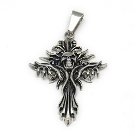 Gothic Retro Men's Halloween Jewelry 304 Stainless Steel Flame Cross Carved Skull Pendants, 45x32x5mm, Hole: 4x9mm