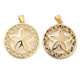 Rack Plating Brass Micro Pave Cubic Zirconia Pendants, Long-Lasting Plated, Lead Free & Cadmium Free, Real 18K Gold Plated, Flat Round with Flower
