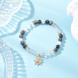 Латунь шарм браслеты, Браслеты из натуральных круглых бусин кварца и ларвикита для женщин, с оболочкой жемчуг
